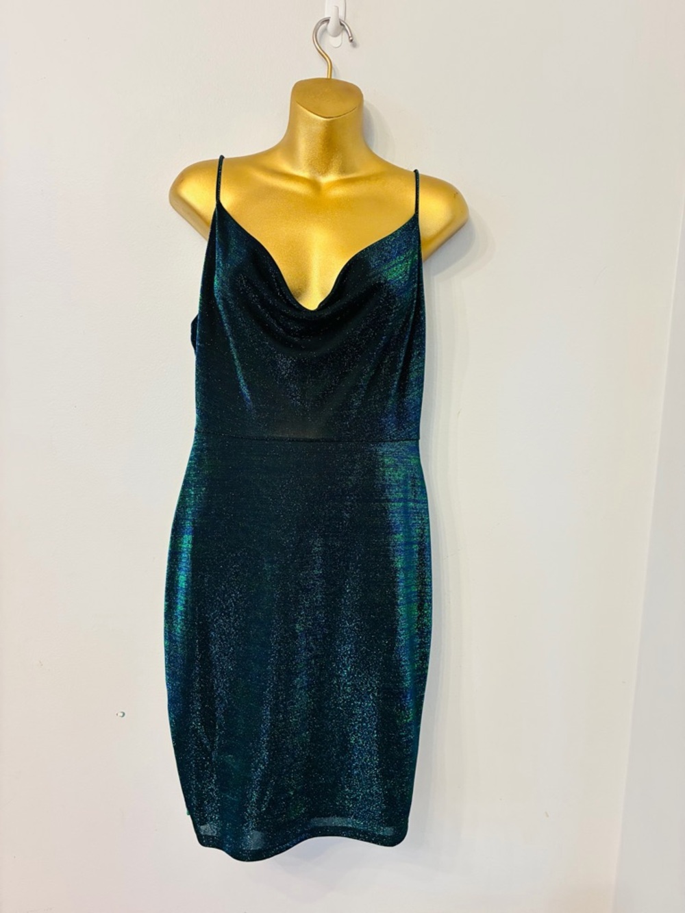 Charlotte Russe Shimmer Cowl Neck Mini Dress – Teal Black – Medium - Picture 2 of 6